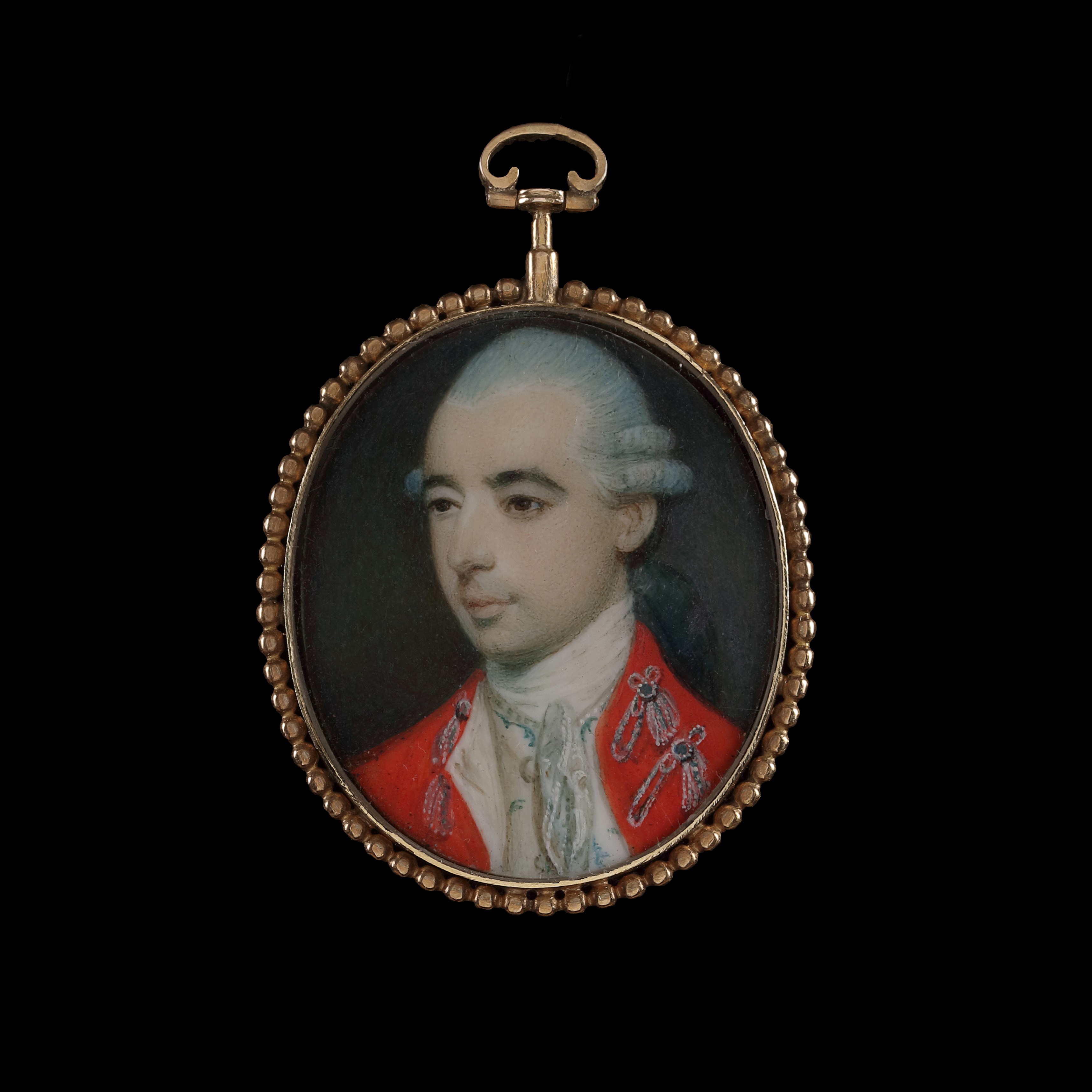Portrait of a gentleman in military-style dress, his scarlet jacket with silver braid, his cream waistcoat with blue embroidery, his powdered hair worn en queue, circa 1770